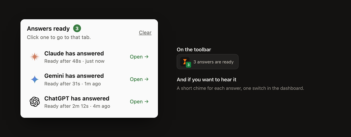 The Answers ready list in the WhileAI popup: Claude has answered, ready after 48 seconds; Gemini has answered; ChatGPT has answered. Beside it, the toolbar icon with a green 3.