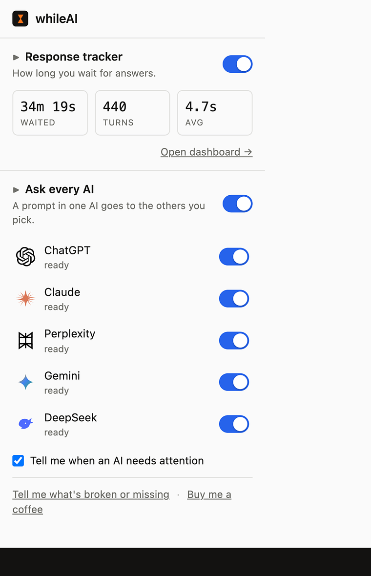 The whileAI panel showing ChatGPT, Claude, Perplexity, Gemini and DeepSeek, each marked ready with its own toggle, above the waiting time recorded so far.